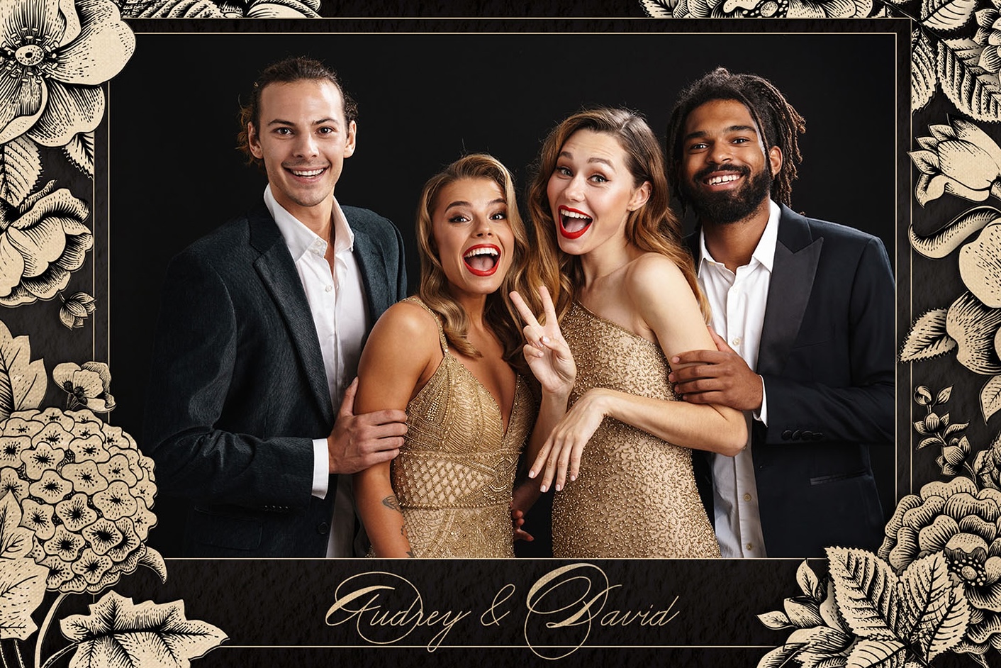 Landscape 4x6 photo booth template with gold botanical border